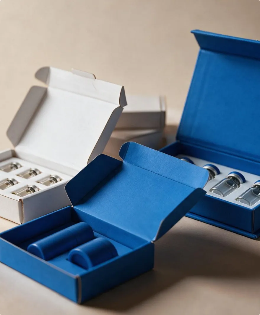 A magnetic-closure presentation box open beside a blue printed mailer box.