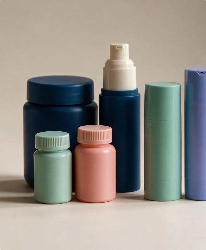 Pill bottles, a pump dispenser and spray bottles in a row.