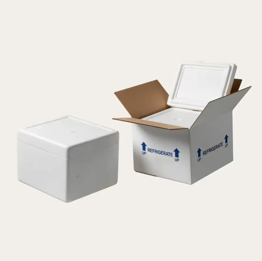 A closed EPS foam cooler beside its corrugated outer, printed with refrigerate and up arrows.