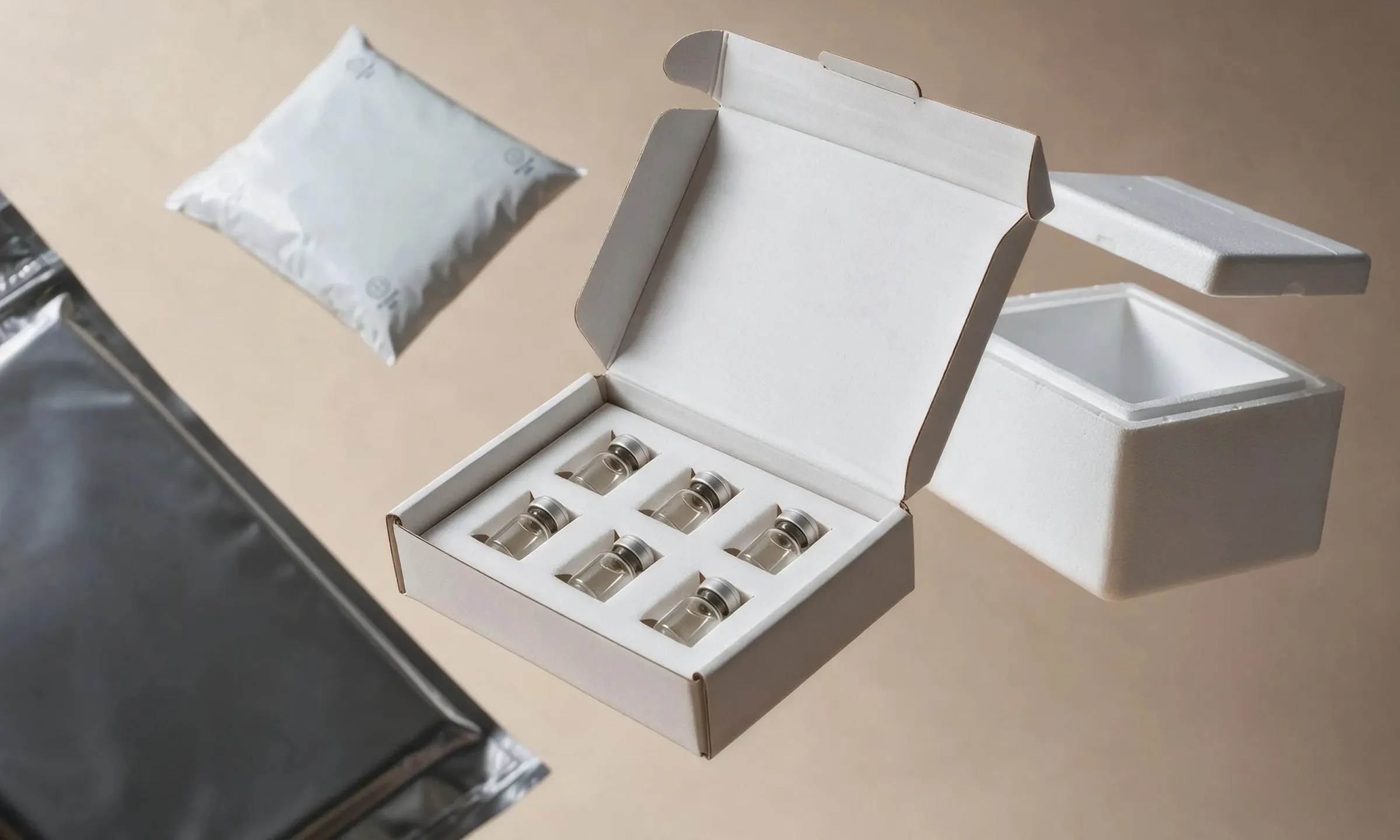 A vial kit in an open white mailer box, beside a gel pack and an EPS foam cooler.