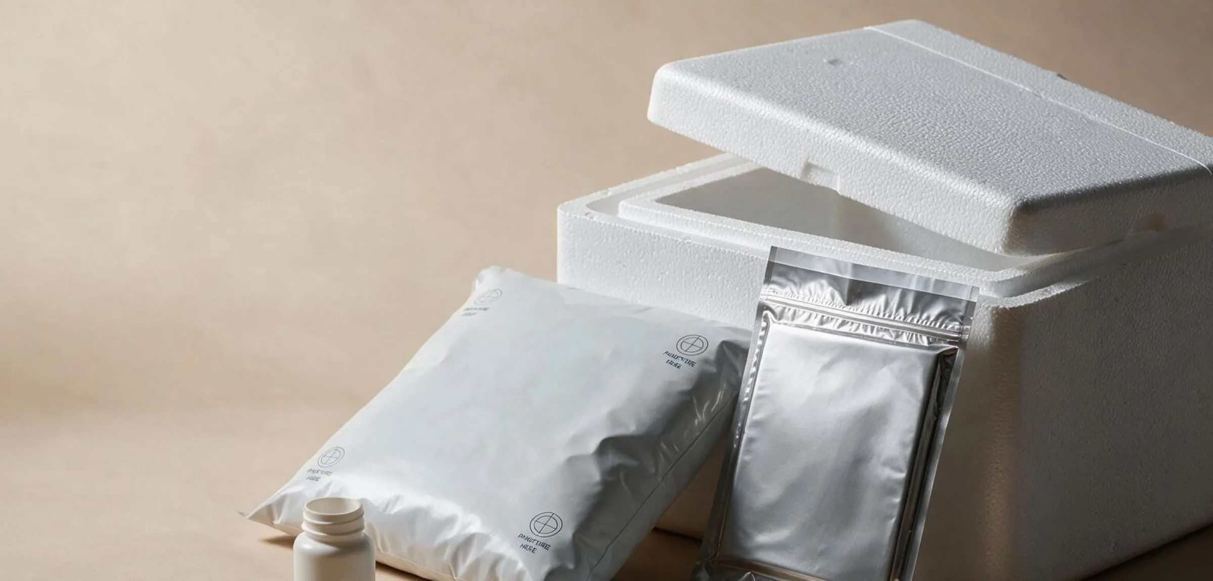 Gel packs, insulated metallic mailers and an EPS foam cooler photographed together.