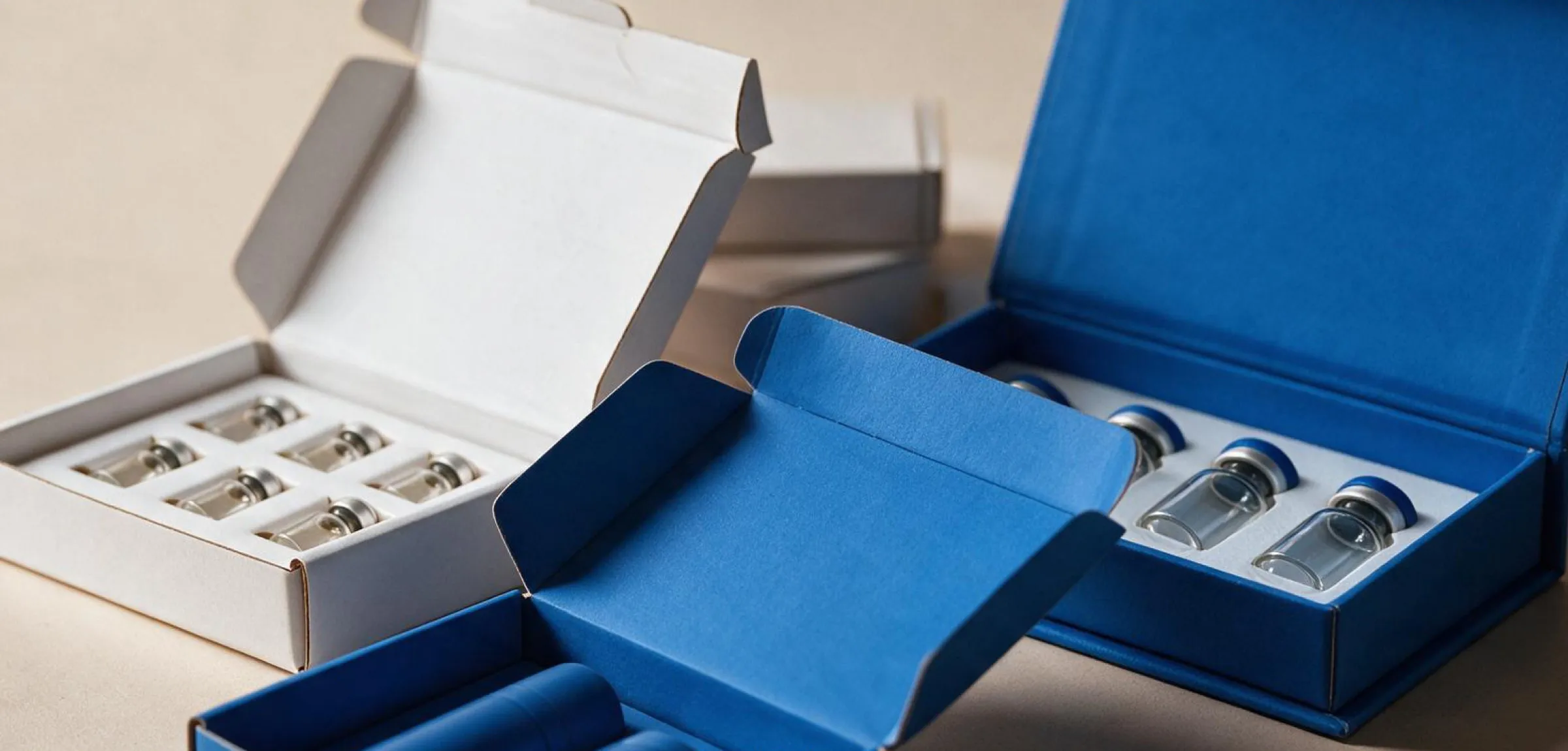 A vial presentation box and a bottle box photographed together.