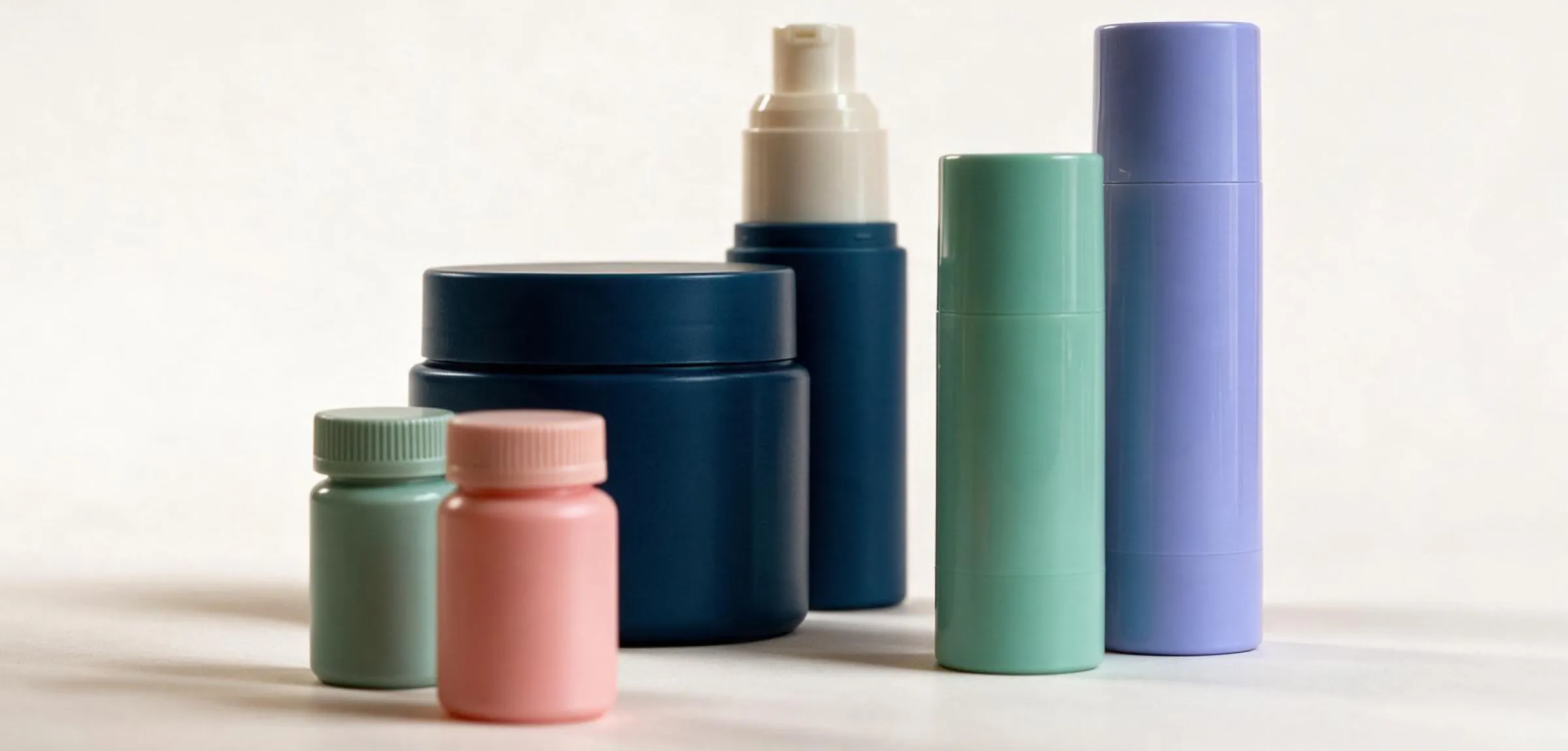 Vial kits, pill bottles, spray bottles, pump dispensers and jars in a row.